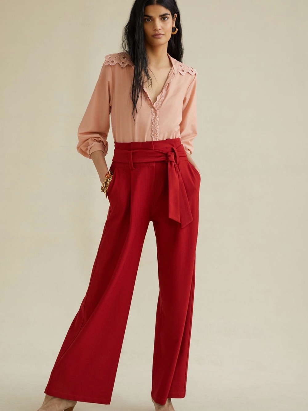 Anthropologie Crimson Paperbag Wide-Leg Tie-Waist Trousers size M